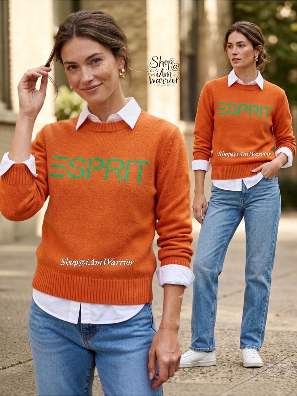 Esprit RARE Wool Cashmere Retro Logo Orange Green Crewneck Pullover Sweater